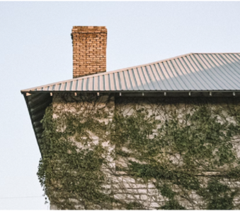 Brick chimney in house.